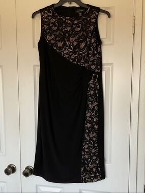 R&M Richards Black Lace-Overlay Sleeveless Sheath Dress with Nude Lining